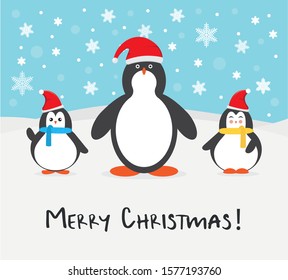 Cute cartoon penguin family greeting card for Merry Christmas and New Year’s celebration with Red Santa hat, and blue scarf yellow under snow and snowflakes vector illustration. 