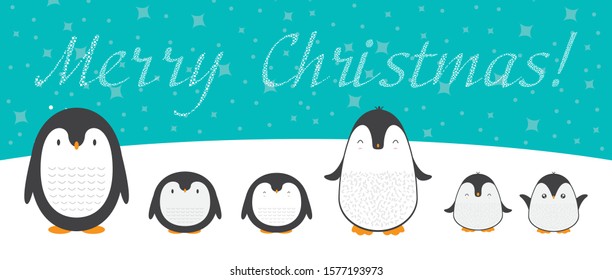 Cute cartoon penguin family greeting card for Merry Christmas and New Year’s celebration under snow and stars doodle vector illustration. 