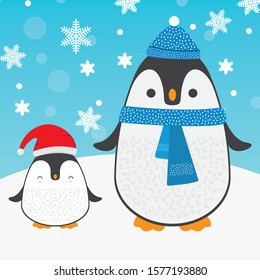 Cute cartoon penguin family for Merry Christmas and New Year’s celebration with Red Santa hat, and blue scarf under snow and snowflakes vector illustration. 
