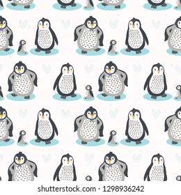Cute cartoon penguin family vector illustration. Seamless repeating pattern . Hand drawn kawaii animal characters. For nursery all over print, new baby shower background, wildlife textiles.