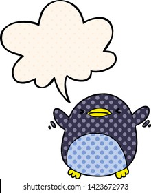 cute cartoon penguin flapping wings with speech bubble in comic book style