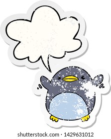 cute cartoon penguin flapping wings with speech bubble distressed distressed old sticker