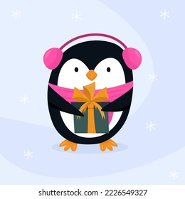 Cute cartoon penguin in flat style. New Year and Christmas penguin on the background of snowflakes. Perfect for postcards,banners, baby showers.
Cartoon style antarctic bird with a gift. 