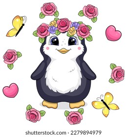 A cute cartoon penguin with a flower wreath stands in a rose frame. Spring animal vector illustration with flowers, butterflies and heart on a white background.