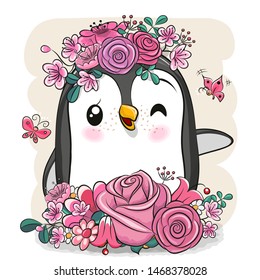 Cute Cartoon Penguin with flowers on a white background