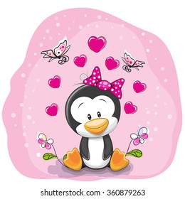 Cute Cartoon Penguin with flowers on a pink background