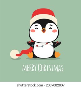 Cute cartoon penguin with garland. Merry Christmas, vector illustration. Lettering Marry Christmas
