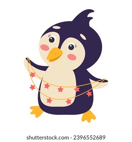 Cute cartoon penguin with garland. Vector illustration.