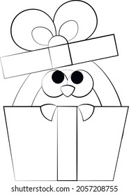 Cute cartoon Penguin in gift box. Draw illustration in black and white