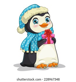 Cute cartoon penguin with gift box, hat and scarf. Isolated illustration on the white background.