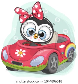 Cute Cartoon Penguin Girl goes on a pink car