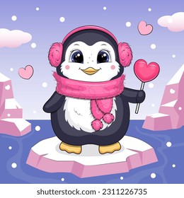 A cute cartoon penguin girl with pink fur headphones and a scarf holds a heart-shaped lollipop and stands on an iceberg. Winter vector illustration with animal, ice and snow.