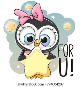 Cute Cartoon Penguin girl with star on the stars background