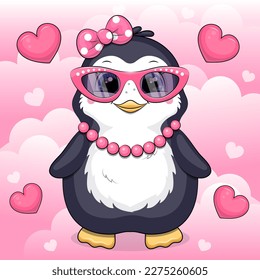 Cute cartoon penguin girl wearing pink hair bow, glasses and necklace. Vector illustration of an animal on a pink background with clouds and hearts.