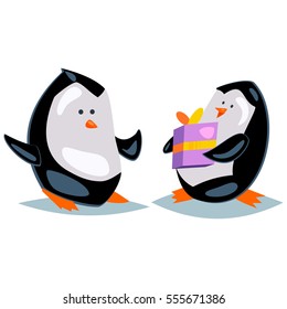 Cute cartoon penguin gives gift. Vector holiday illustration.