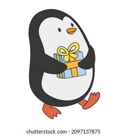 Cute cartoon penguin going aside and carrying present. A funny penguin wants to give a gift to someone. Vector clip art illustration in 2D. Hand-drawn simple style.