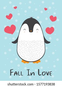 Cute cartoon penguin greeting card for Merry Christmas and New Year’s celebration under snow with love hearts vector illustration.