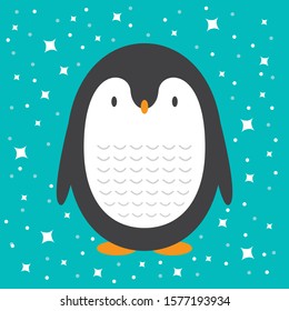 Cute cartoon penguin greeting card for Merry Christmas and New Year’s celebration under stars and snow vector illustration.