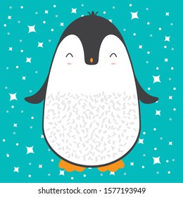 Cute cartoon penguin greeting card for Merry Christmas and New Year’s celebration under stars and snow vector illustration.