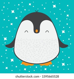 Cute cartoon penguin greeting card for Merry Christmas and New Year’s celebration under stars and snow vector illustration.