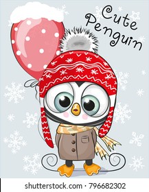 Cute Cartoon Penguin in a hat and coat with a balloon