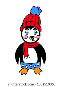 Cute cartoon penguin in hat isolated on white background. Children clipart character.