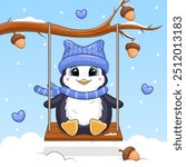 Cute cartoon penguin in a hat and scarf on a swing. Vector illustration of an animal on a blue background with hearts and snow.