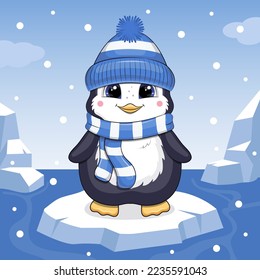 A cute cartoon penguin in a hat and scarf is swimming on the ice. Winter vector illustration of animals on a blue background.