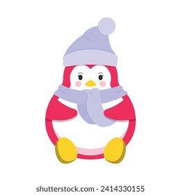 Cute cartoon penguin in a hat and scarf on a white background