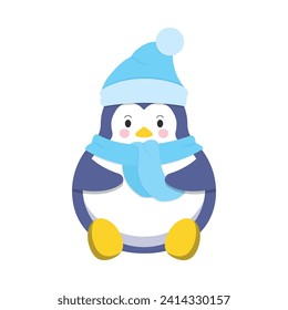 Cute cartoon penguin in a hat and scarf on a white background