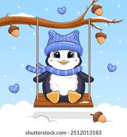 Pinguim de desenho animado bonito em um chapéu e cachecol em um balanço. Ilustração vetorial de um animal sobre um fundo azul com corações e neve.