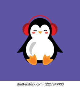 Cute cartoon penguin with headphones icon, vector illustration.
