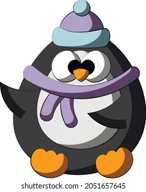 Cute cartoon Penguin in headwear and scarf. Draw illustration in color