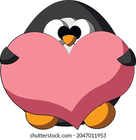 Cute cartoon Penguin with Heart. Draw illustration in color