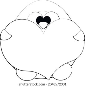 Cute cartoon Penguin with Heart. Draw illustration in black and white