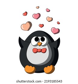 Cute cartoon Penguin and hearts. Draw illustration in color