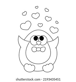 Cute cartoon Penguin and hearts. Draw illustration in black and white