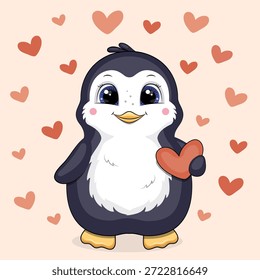 Lindo pingüino de dibujos animados con corazones. Ilustración vectorial de animal sobre fondo rosa con corazones.