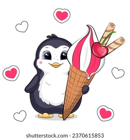 A cute cartoon penguin is holding a big ice cream. Summer vector animal illustration on white background with red hearts. 