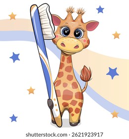 Cute Cartoon Penguin Holding Big Toothbrush. Vector Animal Illustration on Colorful Star Background.
