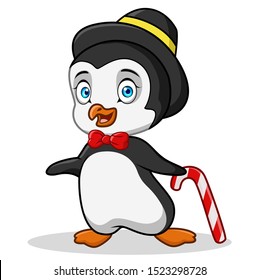 A Cute Cartoon Penguin Holding A Christmas Candy Cane.