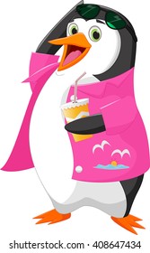 cute cartoon penguin holding a drink