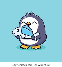 Pingüino lindo de la historieta que sostiene una ilustración del icono del Vector del pez. Animales Naturaleza Icon Concepto Vector aislado de Premium. Estilo de dibujos animados de animales