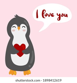 Cute cartoon penguin holding heart. Happy Valentine's day greeting card. Vector illustration.