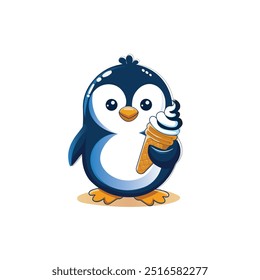 Cute cartoon penguin holding ice cream, perfect for kids' products, illustrations, or fun designs