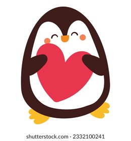 cute cartoon penguin holding pink heart