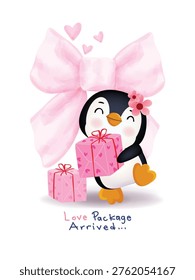 A cute cartoon penguin holding pink gift boxes decorated with hearts, symbolizing love and affection. Romantic and joyful mood perfect for themes of love, gifts, celebration, special moments, Valentine’s Day.