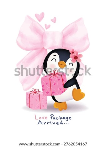 A cute cartoon penguin holding pink gift boxes decorated with hearts, symbolizing love and affection. Romantic and joyful mood perfect for themes of love, gifts, celebration, special moments, Valentine’s Day.