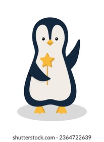 Cute cartoon penguin holding a star on a stick. Vector illustration of a funny animal. Holiday concept.