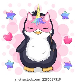 Cute cartoon penguin holding a unicorn mask. Vector illustration of an animal on a pink background with stars and hearts.